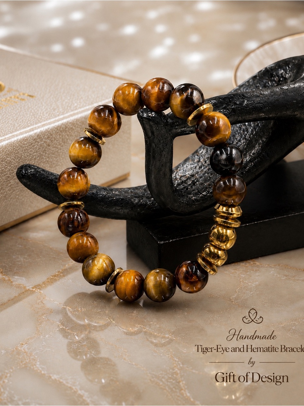 Tiger Eye Beaded Bracelet in Brown and Gold